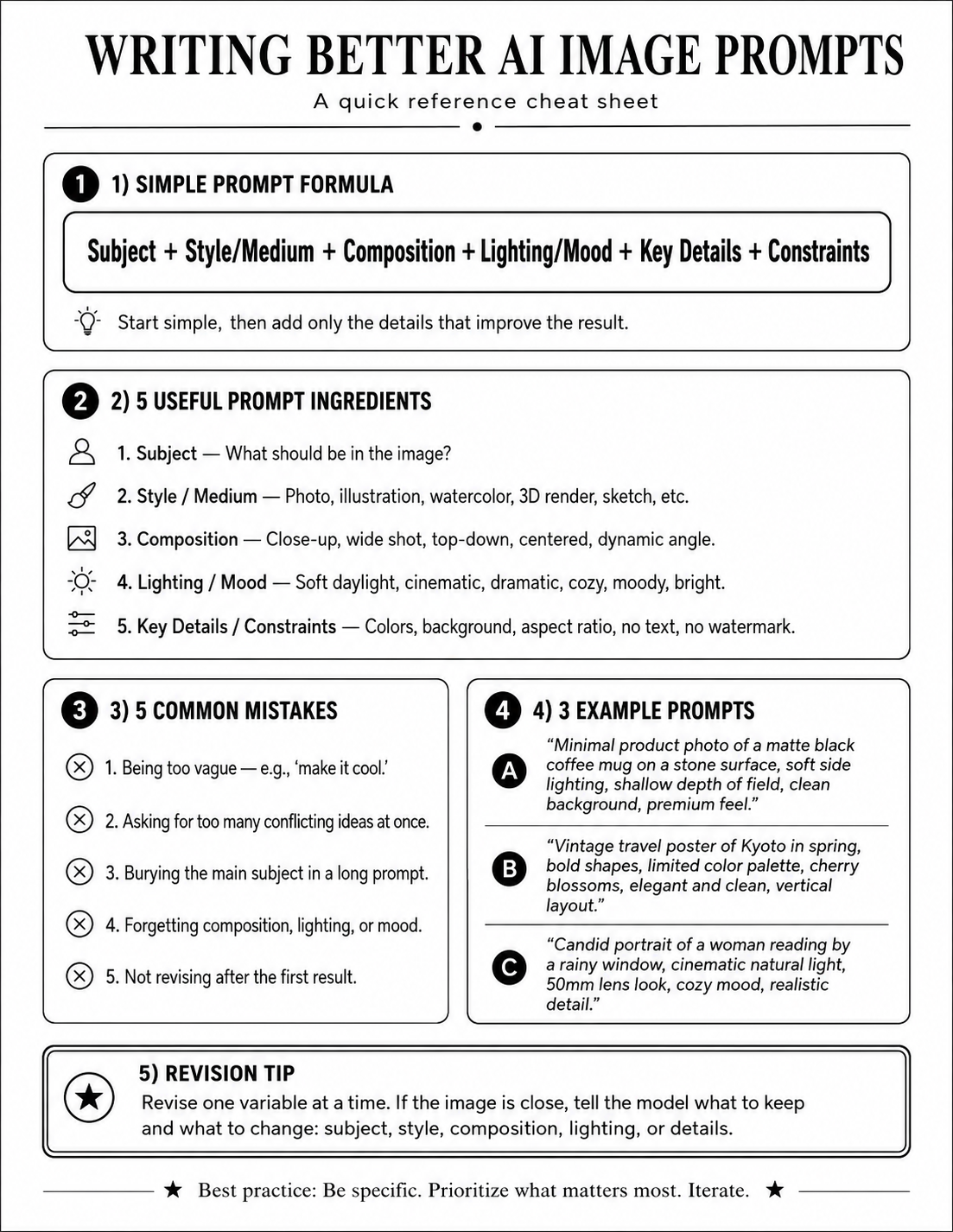 Writing Better AI Image Prompts cheat sheet: Subject + Style/Medium + Composition + Lighting/Mood + Key Details + Constraints